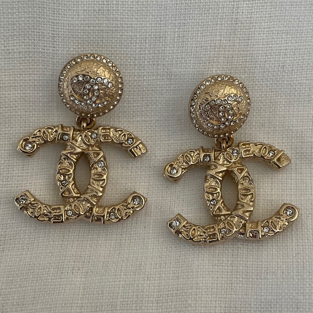 Chanel Embossed CC Logo Crystal Earrings